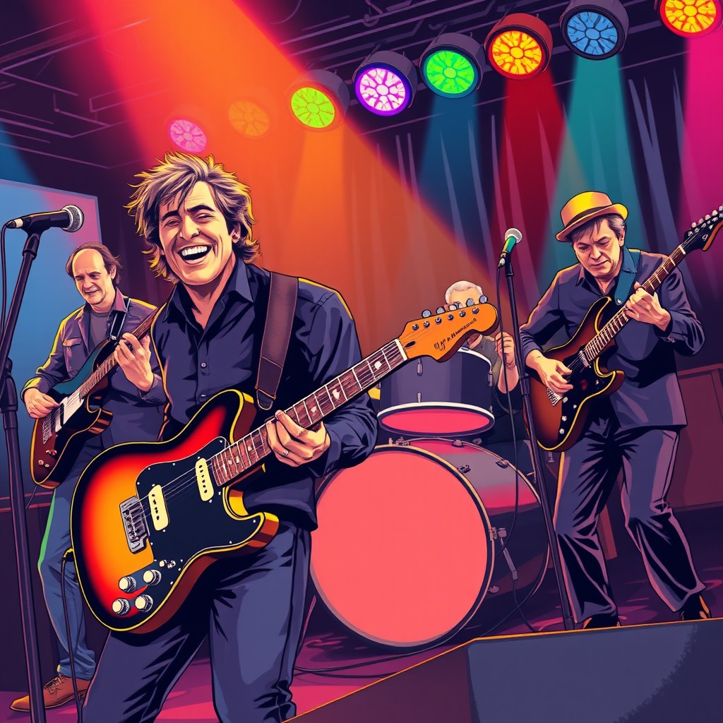 A vintage style illustration of a classic four-piece rock and roll band performing energetically on stage