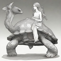 A mythical creature with the head of a woman, gentle and serene, attached to the robust, shelled body of a turtle, imbued with an aura of mystique and wisdom.