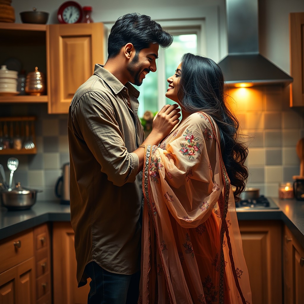 An intimate scene of a romantic moment between an Indian couple in a cozy, modern kitchen