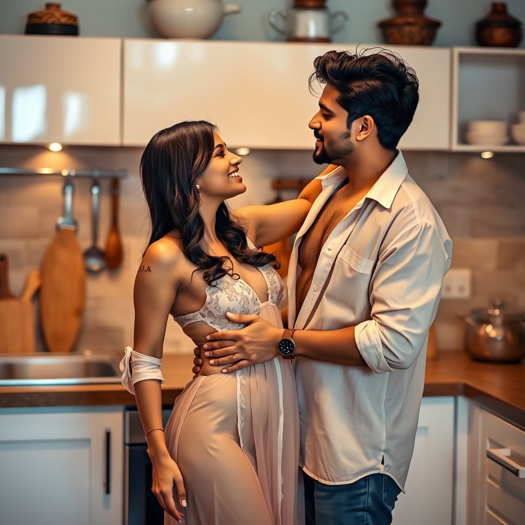 An intimate scene of a romantic moment between an Indian couple in a cozy, modern kitchen