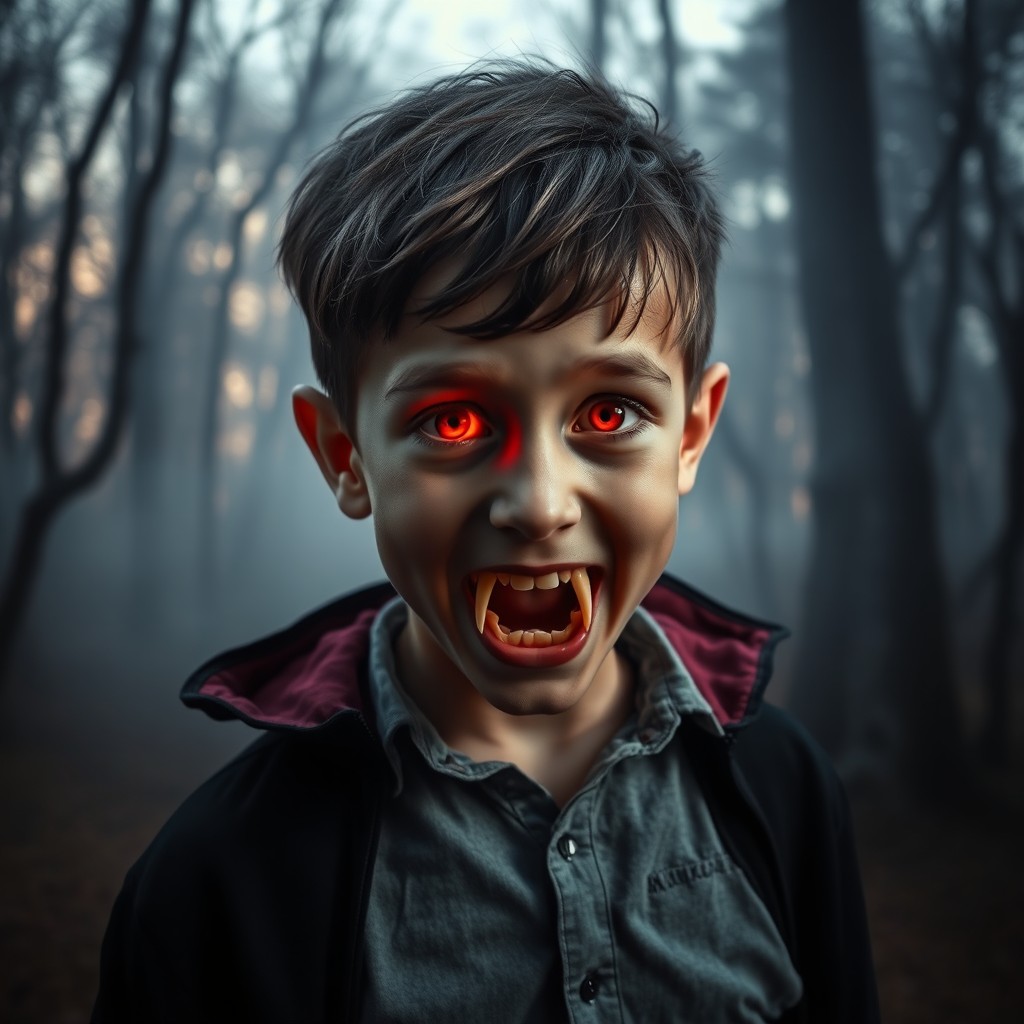 A young boy of around 8 years old magically transforming into a vampire, prominently featuring his elongated vampire fangs and striking glowing red eyes