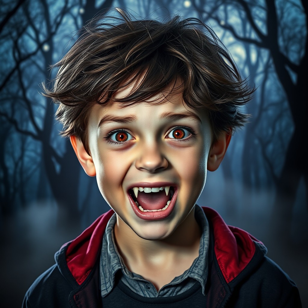 An 11-year-old boy undergoing a captivating transformation into a vampire, prominently featuring his sharp vampire fangs and glowing red eyes