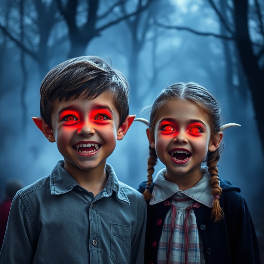 A young boy and girl, both around 10 years old, undergoing a magical transformation into vampires