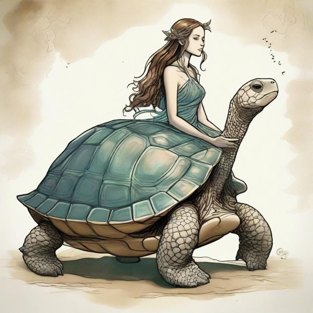 A mythical creature with the head of a woman, gentle and serene, attached to the robust, shelled body of a turtle, imbued with an aura of mystique and wisdom.