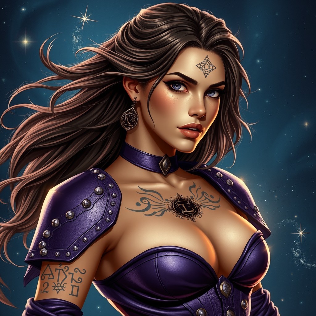 A powerful female celestial warlock, adorned with intricate rune tattoos that glow subtly across her skin