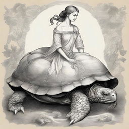 A mythical creature with the head of a woman, gentle and serene, attached to the robust, shelled body of a turtle, imbued with an aura of mystique and wisdom.