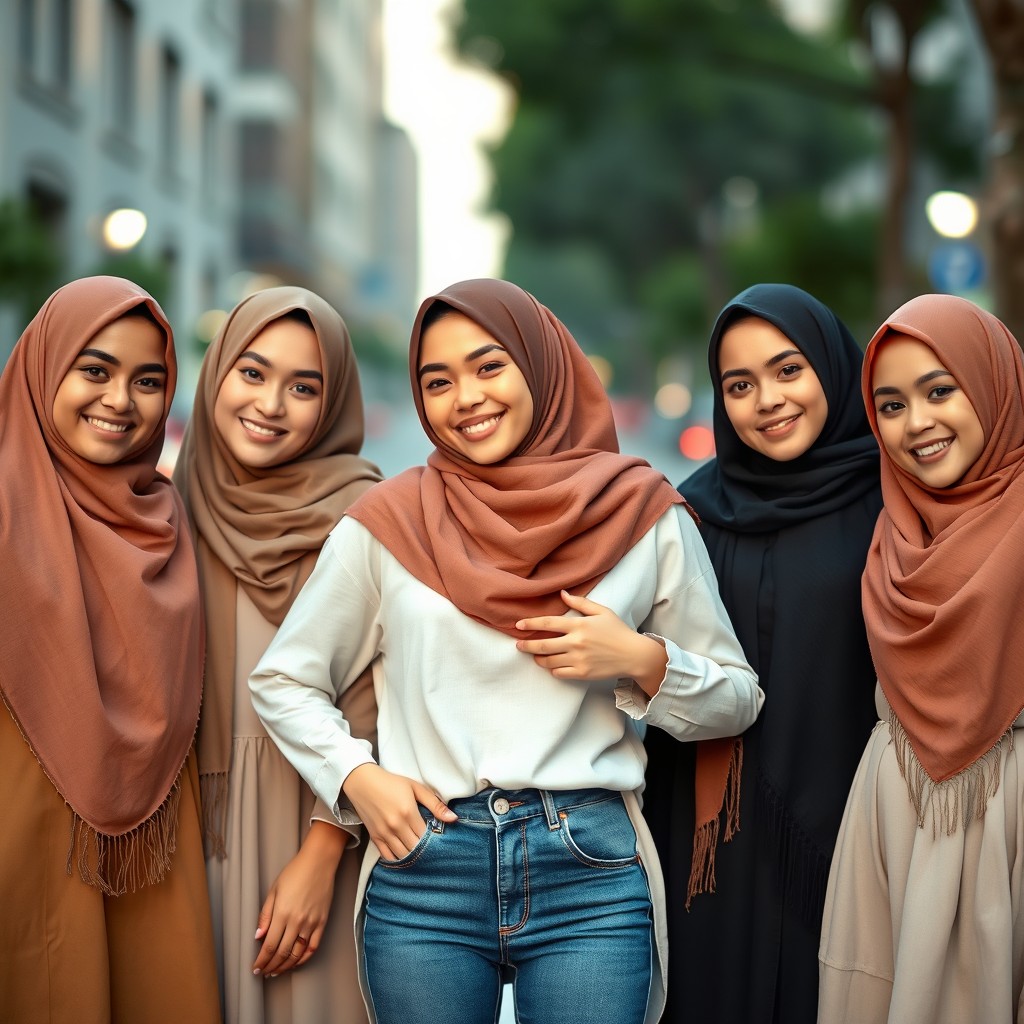 Five young women wearing hijabs, each elegantly draped in hijab, with one of them playfully pulling her hijab back with her hands to reveal stylish skinny jeans underneath