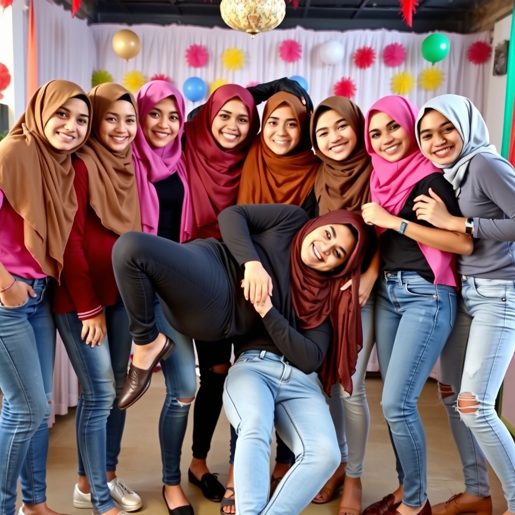 A lively mixed group celebration featuring five young girls wearing vibrant hijabs and five young men, all wearing stylish skinny jeans and form-fitting tops