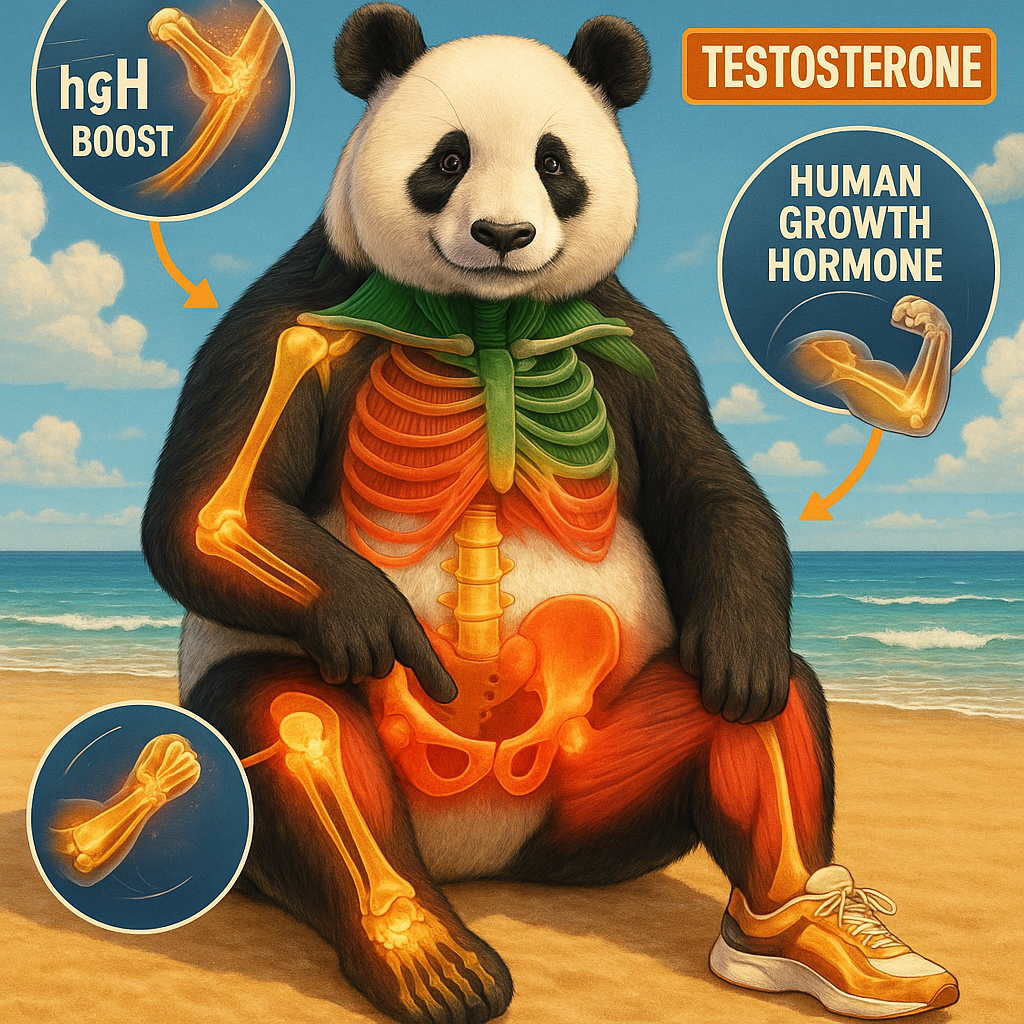 Erstelle einen giant panda der am strand sitzt und Hgh Testosteron und Human grow hormone boostet 2Meter Rieße alle images verwenden original