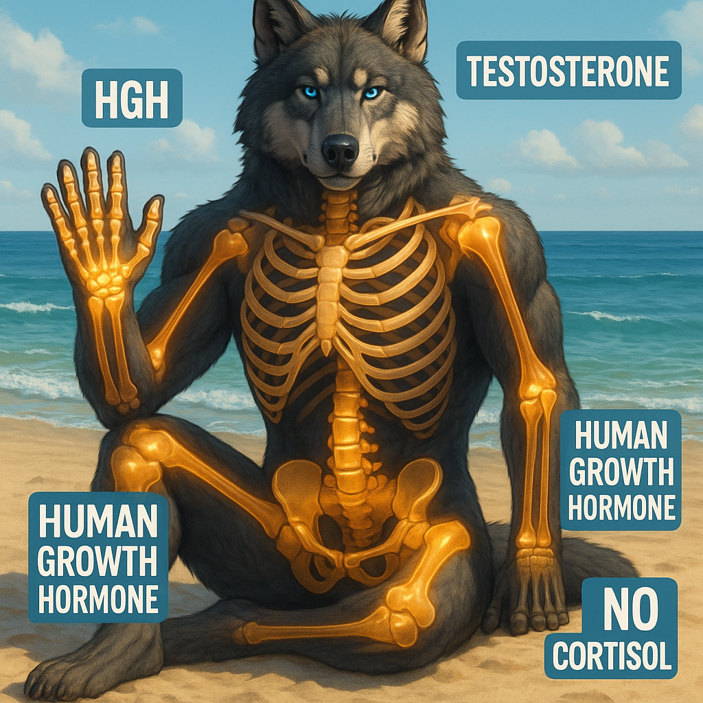Erstelle einen giant wolf der am strand sitzt und Hgh Testosteron und Human grow hormone boostet kein cortisol hat 🩵 2Meter Rieße alle images verwenden original