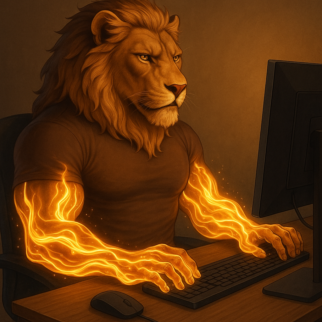 Erstelle einen Löwen der am Pc sitzt relaxed Auf Testosteron Steroids Hgh Steroids HGH and IGF-1 flowing through arms hands like liquid light