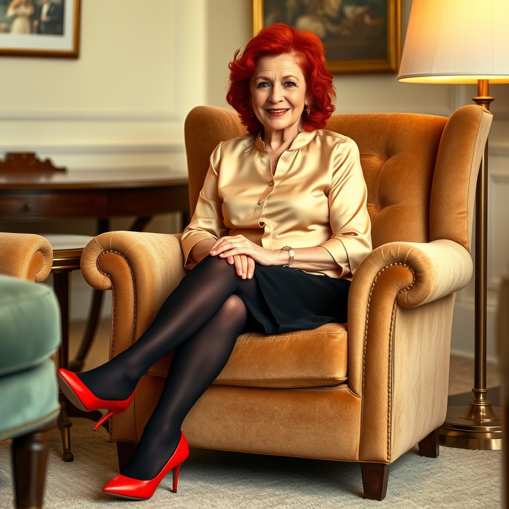A 70-year-old woman with vibrant red curls sits elegantly in a stylish armchair