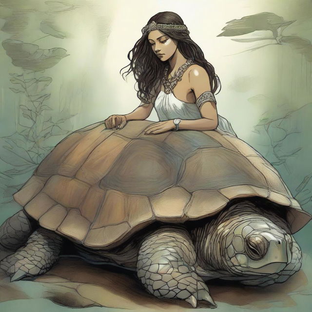 A mythical creature with the head of a woman, gentle and serene, attached to the robust, shelled body of a turtle, imbued with an aura of mystique and wisdom.