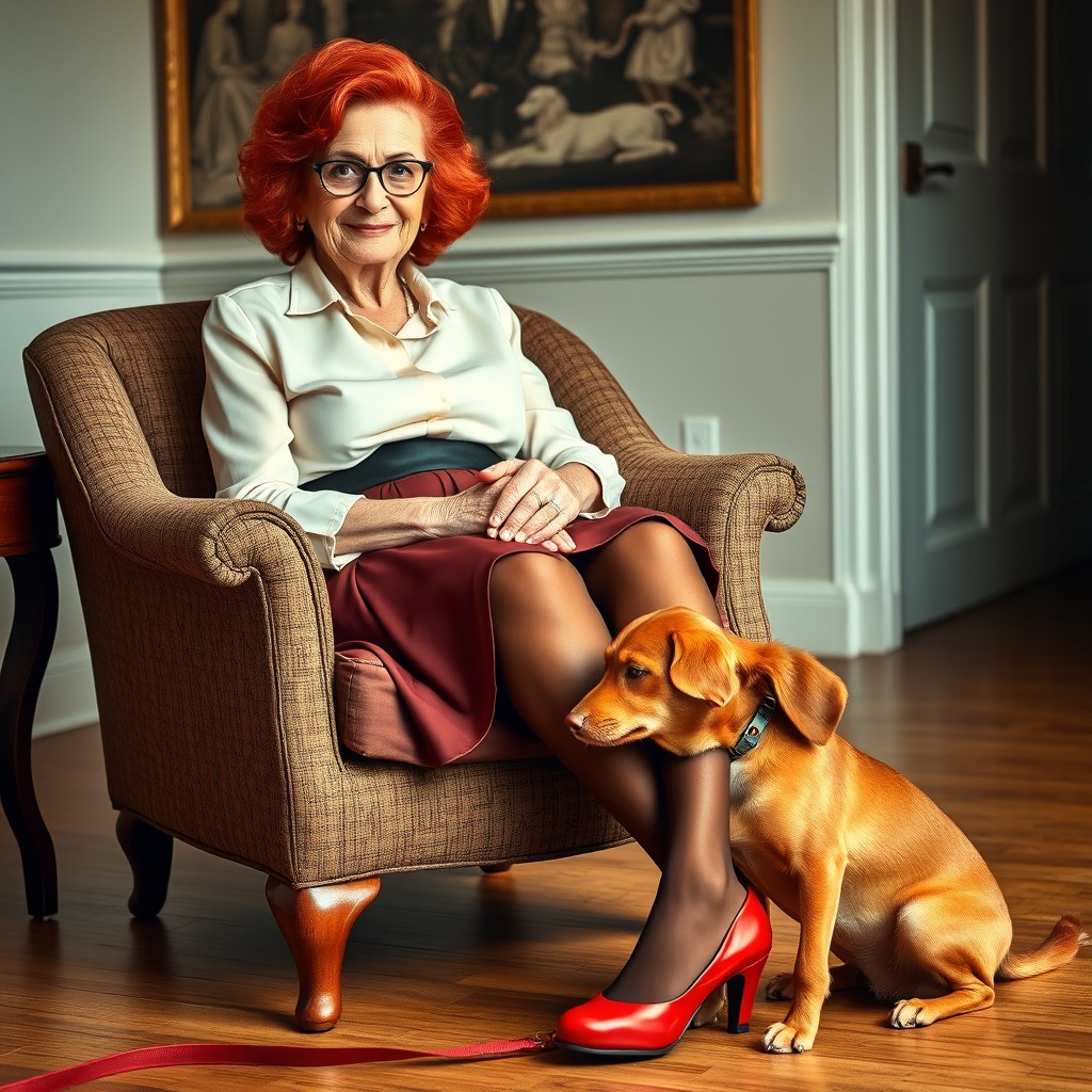 A 90-year-old woman with vibrant red curly hair sits gracefully in an elegant armchair