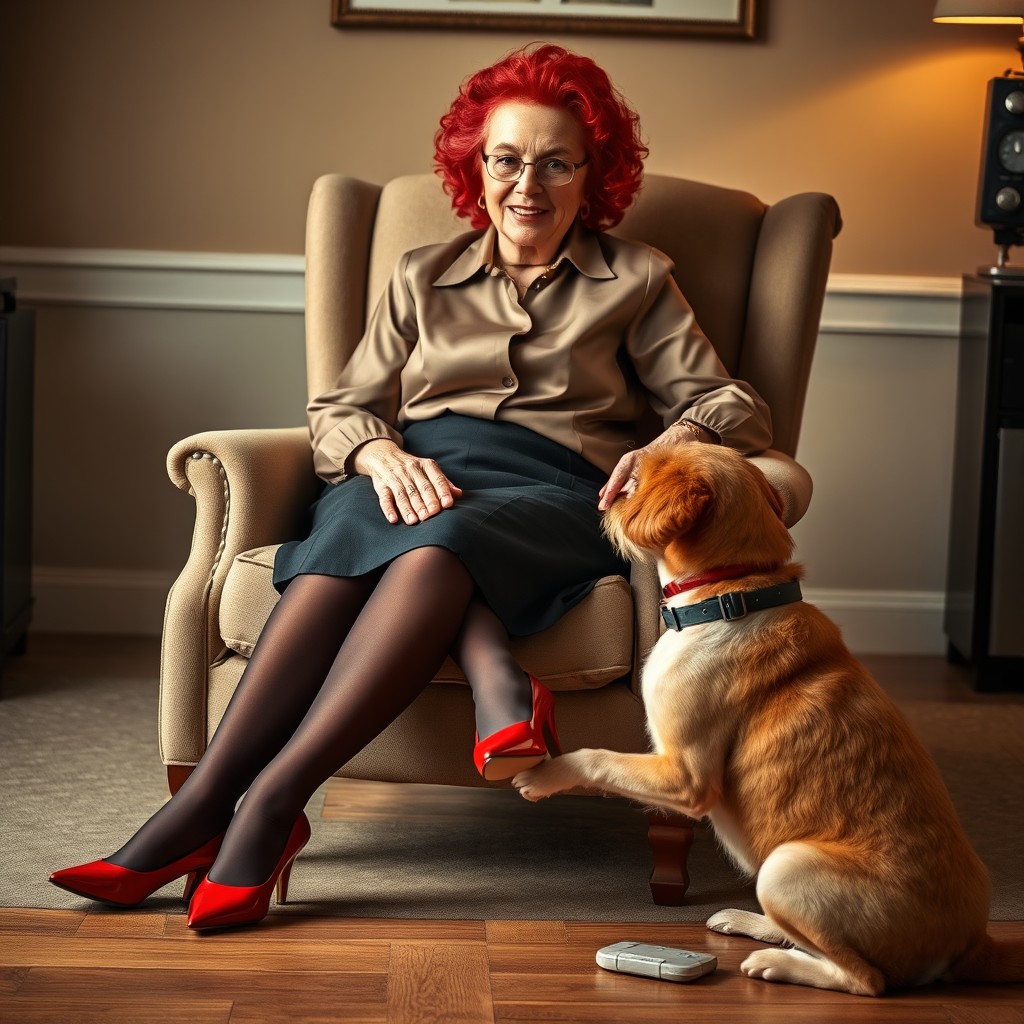 A 90-year-old woman with vibrant red curly hair sits gracefully in an elegant armchair