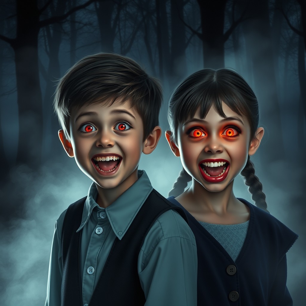 A boy and girl, both around 11 years old, undergoing a magical transformation into vampires