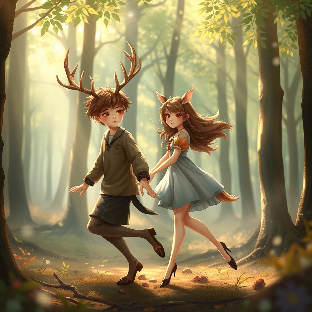 A fantastical scene depicting a boy and a girl transforming into half-deer creatures