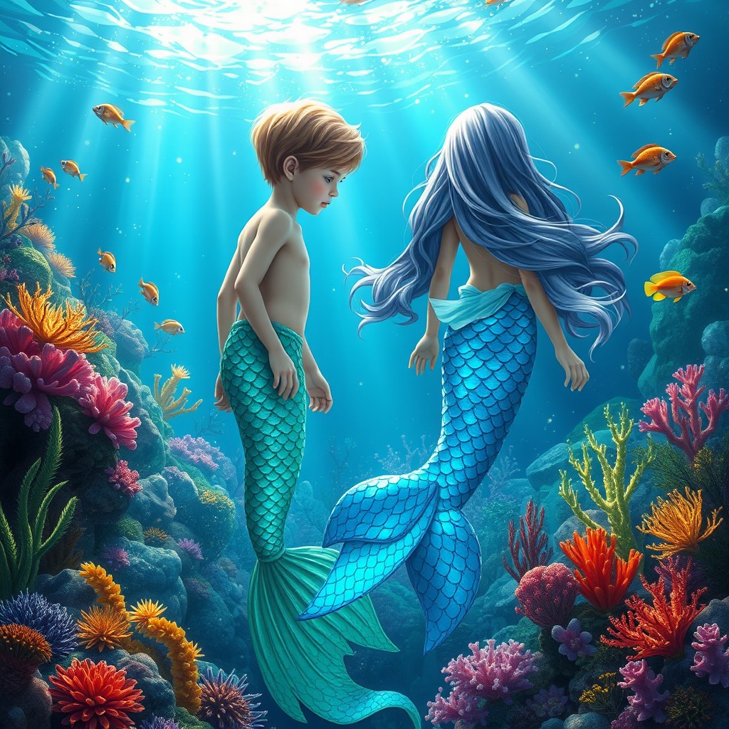 A fantasy scene depicting a boy and a girl transforming into mermaids, surrounded by shimmering ocean waters