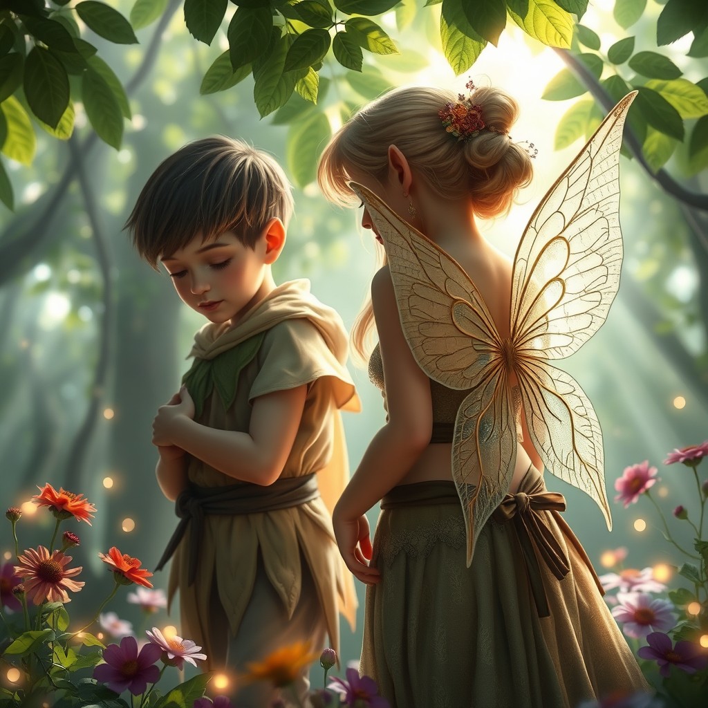 A captivating fantasy scene featuring a boy and a girl transforming into elves under a mystical forest canopy