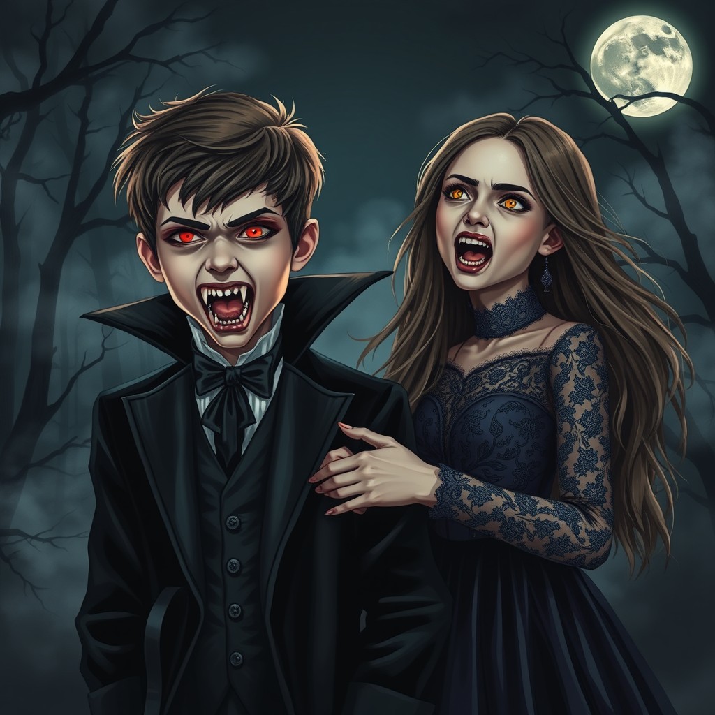 A dramatic scene depicting a boy and a girl transforming into vampires in an eerie, moonlit setting