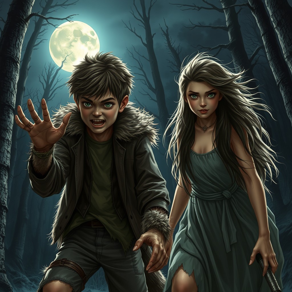 A thrilling scene featuring a boy and a girl transforming into werewolves under a full moon in a dark forest