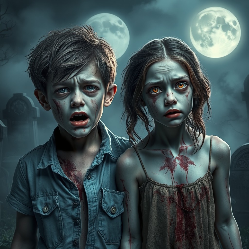 A young boy and girl undergoing a dramatic transformation into zombies in a fog-shrouded graveyard at night
