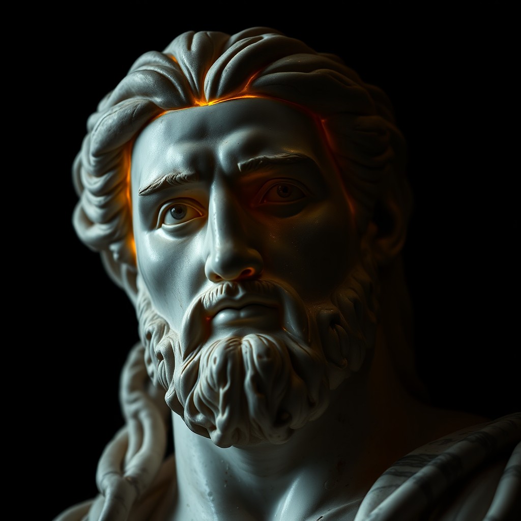 A moody cinematic close-up of a majestic ancient Greek marble statue