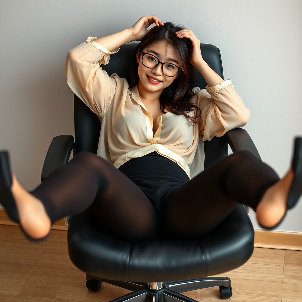 A young East Asian woman, an ordinary-looking model, with single eyelids, wearing glasses