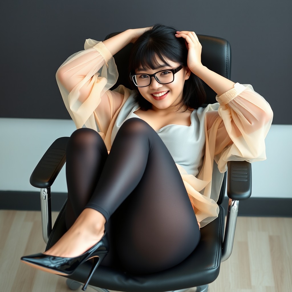 A young East Asian woman, an ordinary-looking model, with single eyelids, wearing glasses