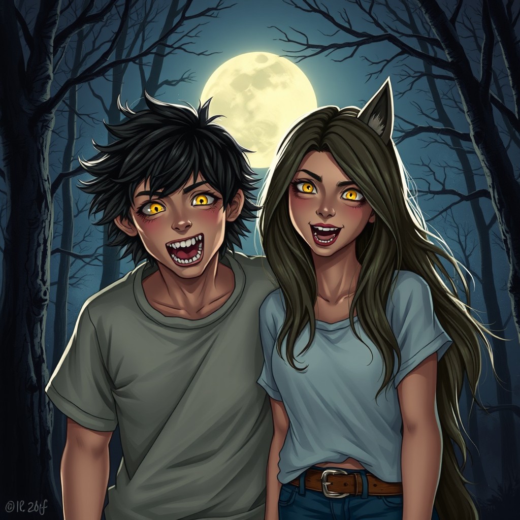 A boy and a girl, both around 14 years old, caught in the magical moment of transforming into werewolves