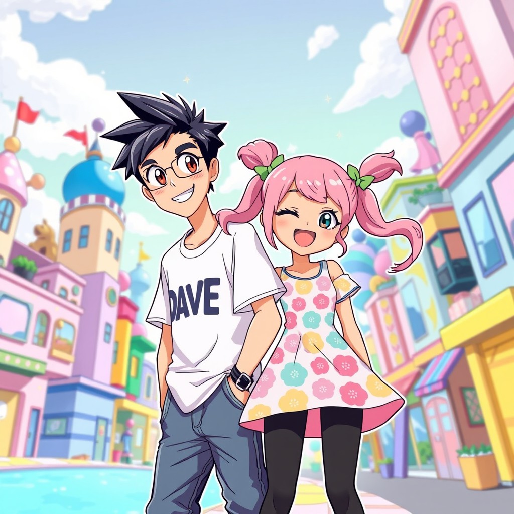 A vibrant anime-style illustration featuring characters named Dave and Ava