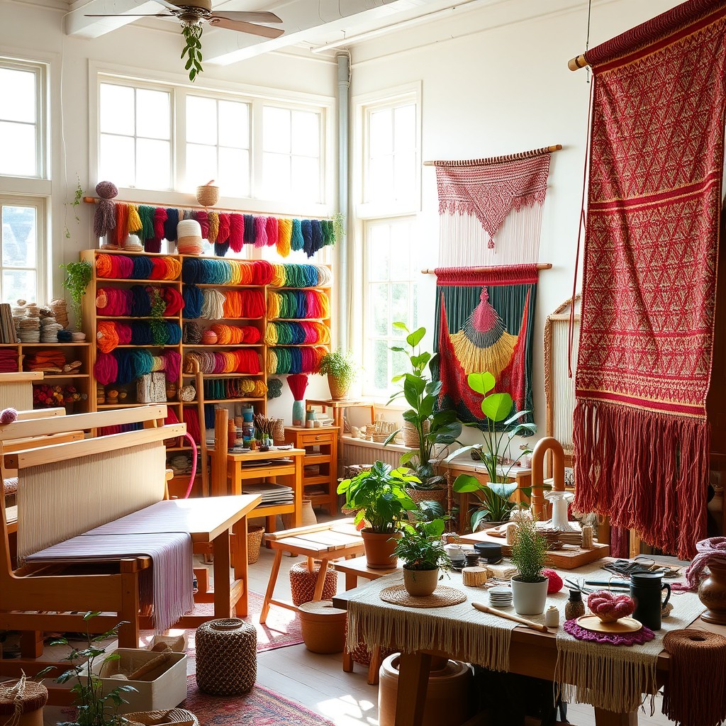 A vibrant and inviting weaver's studio filled with colorful threads and fabrics