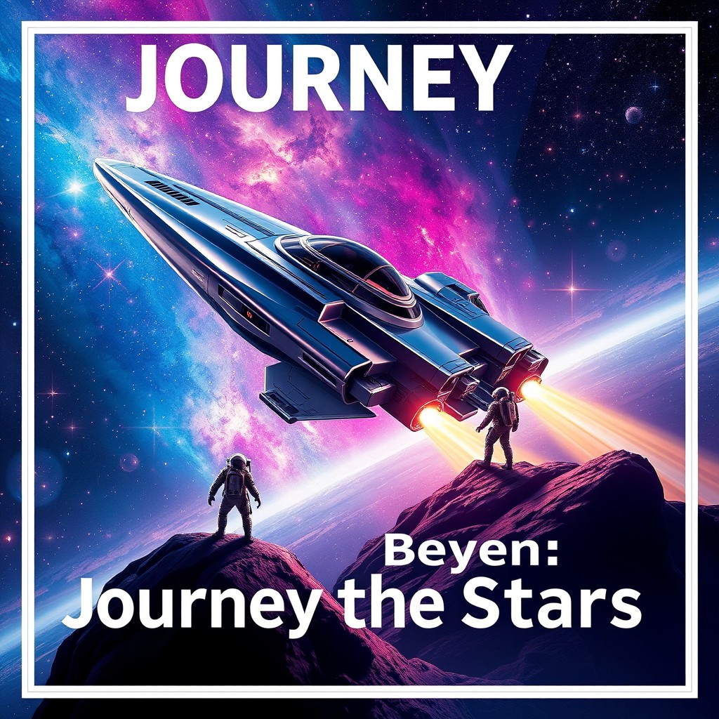A vibrant magazine poster showcasing the future of star travel, featuring a sleek, futuristic spaceship soaring through a galaxy filled with colorful nebulae and twinkling stars