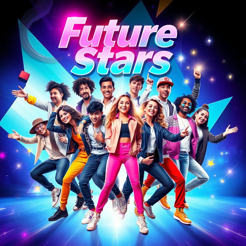 A vibrant and eye-catching magazine poster titled 'Future Stars', showcasing a collection of diverse young talents in various fields such as music, sports, and acting