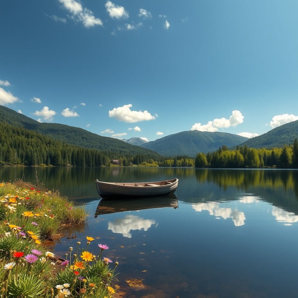 A serene landscape featuring a tranquil lake surrounded by lush green forests and distant mountains under a clear blue sky