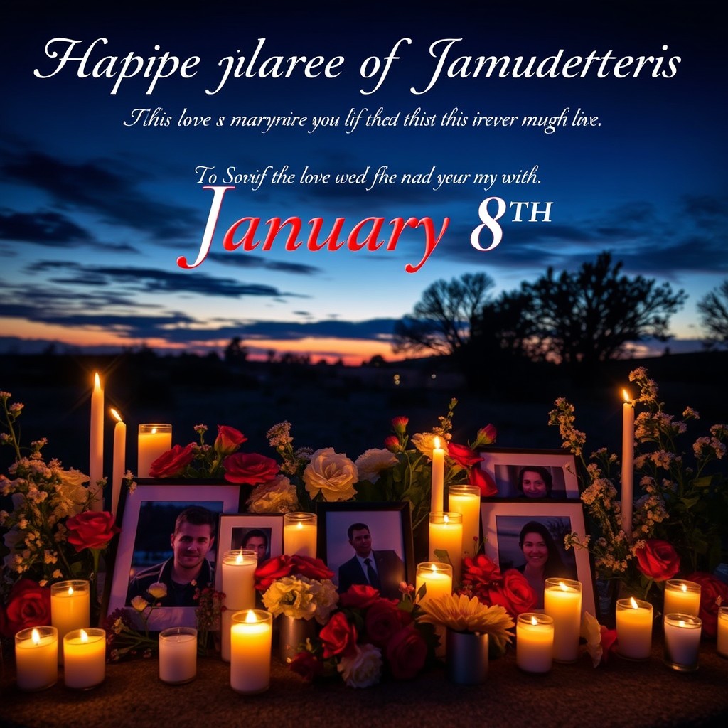 A poignant memorial scene commemorating the martyrs of January 8th, featuring a beautifully arranged tribute with candles and flowers