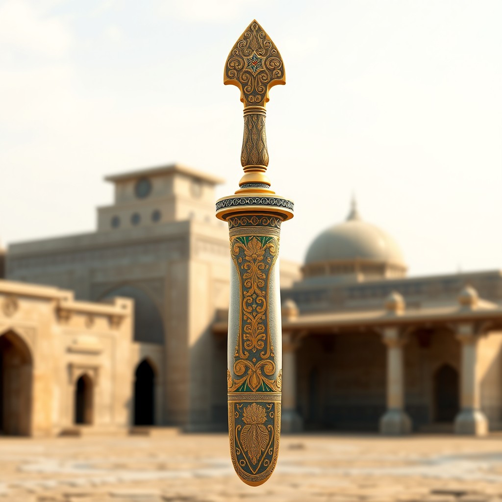 A beautifully designed 40 cm tall handle inspired by the figure of Cyrus the Great, showcasing intricate details reminiscent of ancient Persian art