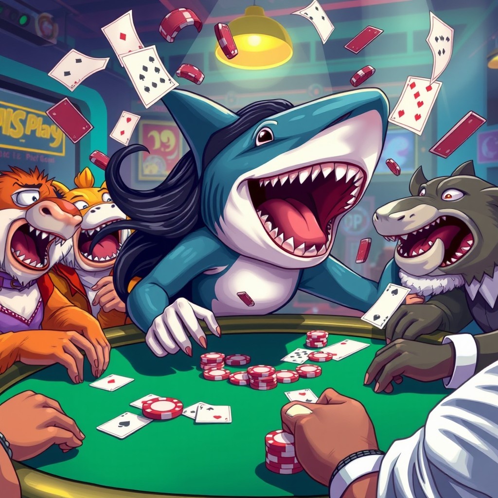 A lively and drunken shark woman with long black hair going all-in at a poker table