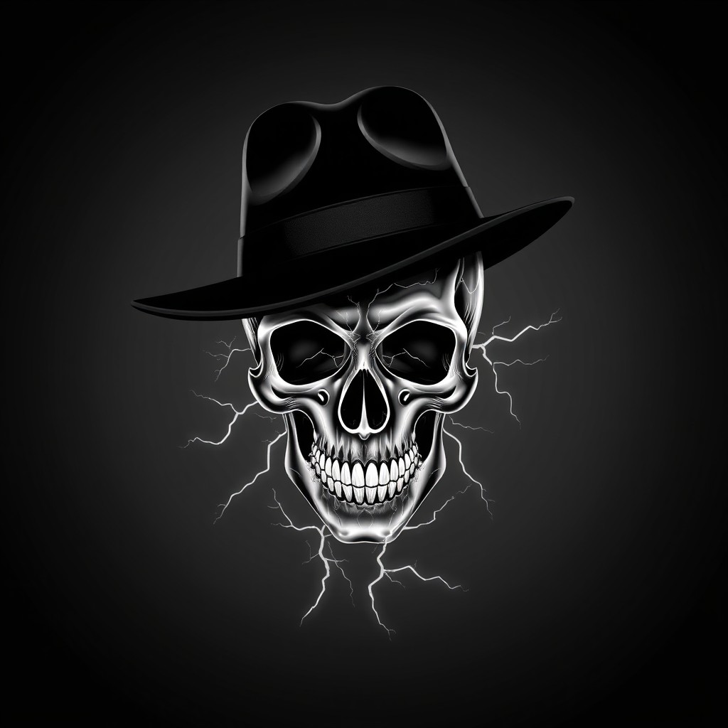 A striking electric black and white skull adorned with a stylish black hat