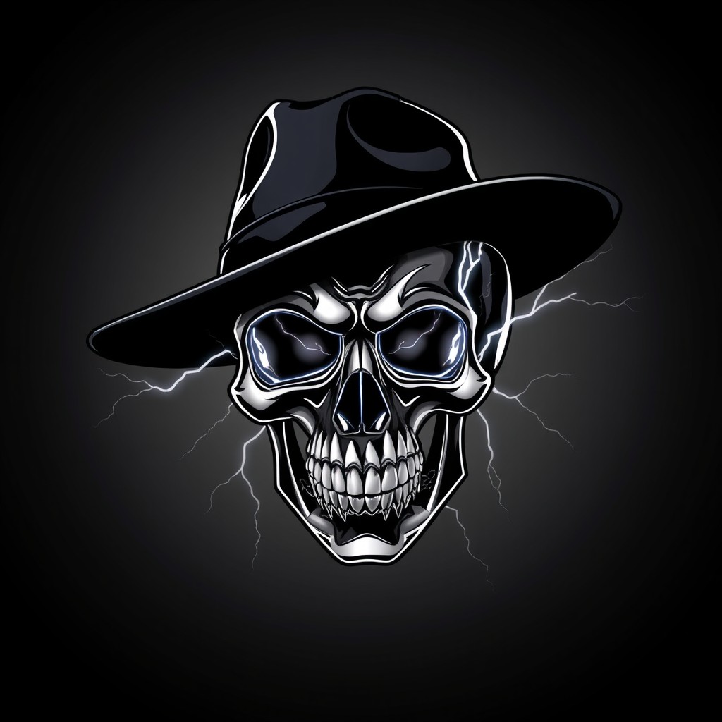 An electrifying black and white skull wearing a sleek black hat