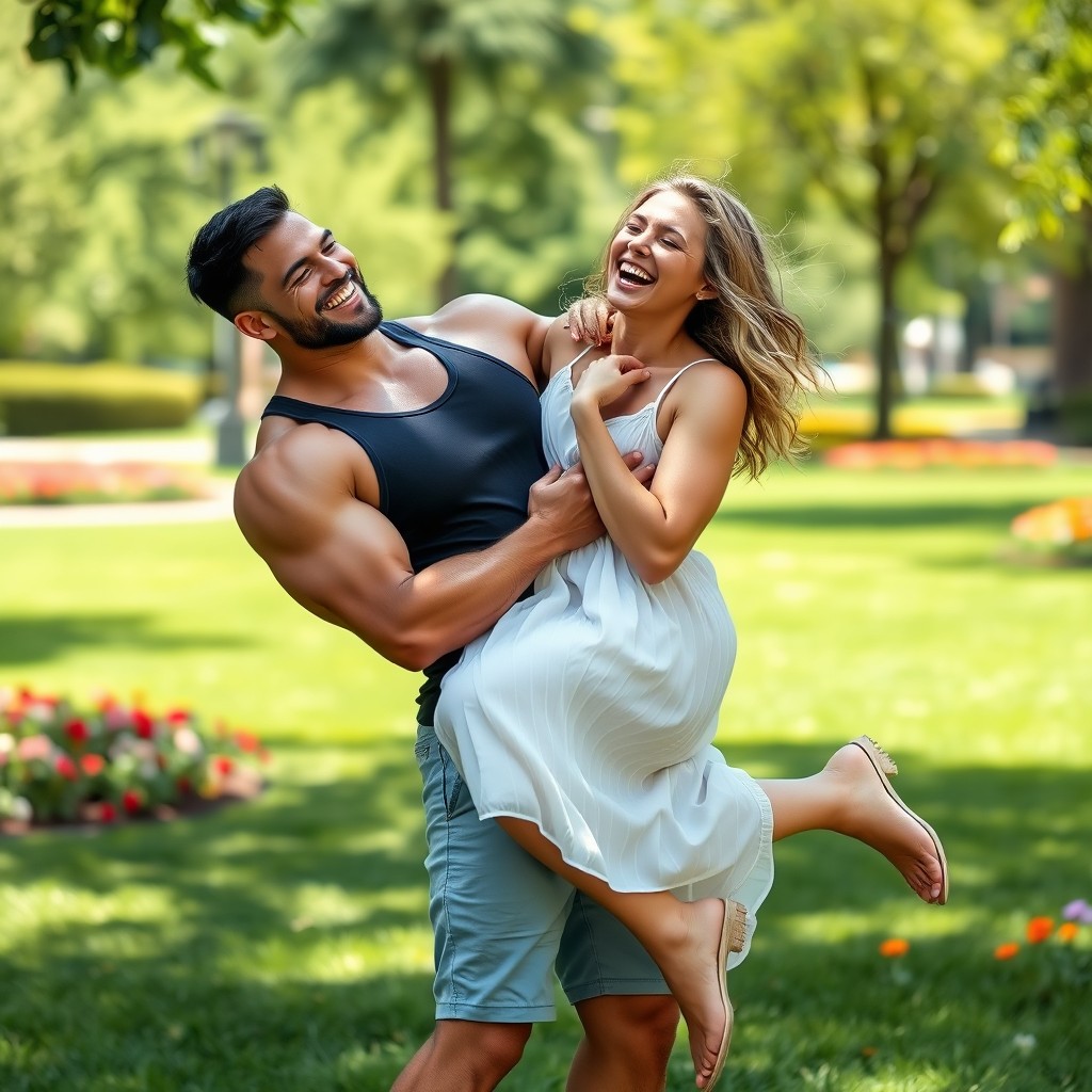 A muscular man lifting a petite woman effortlessly in a playful and joyful manner