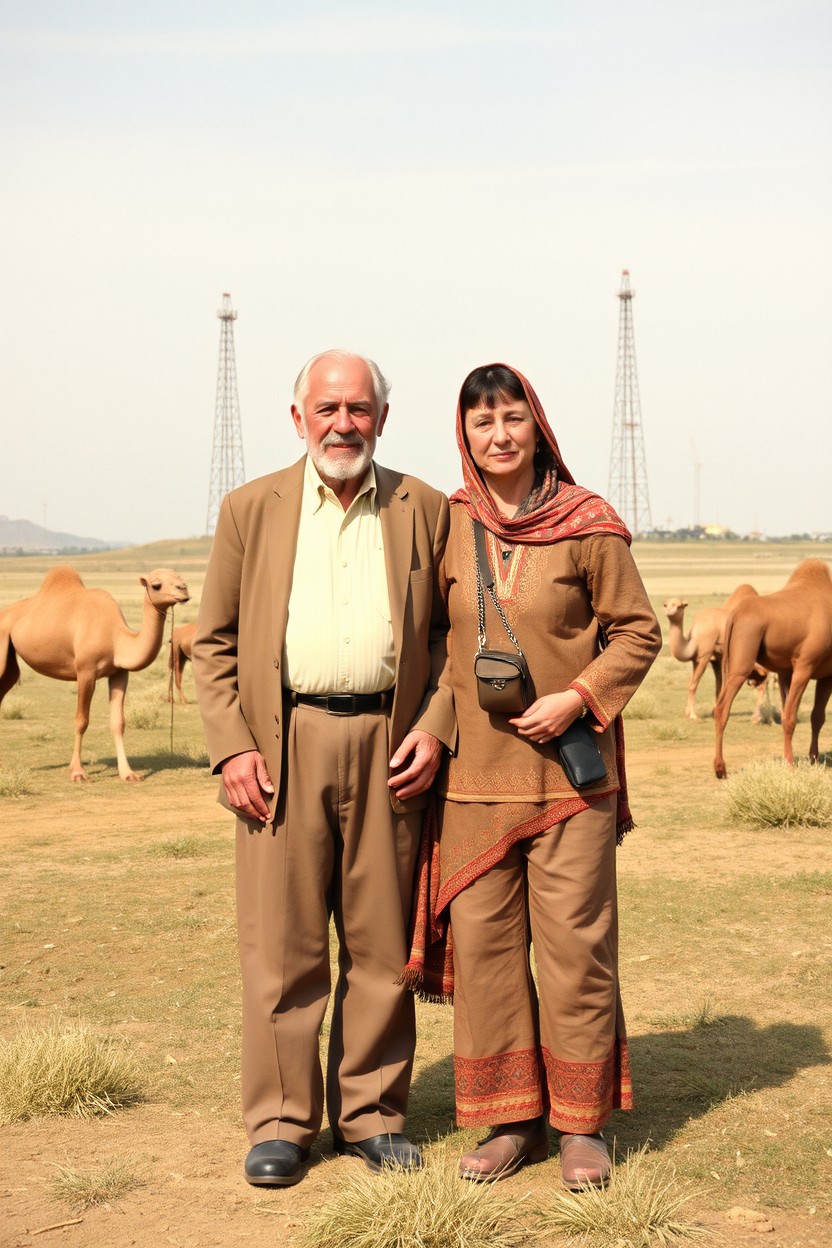 A nostalgic family photo set in a Kazakh village from the 1980s, featuring a grandfather and grandmother dressed in traditional Kazakh attire, standing proud together