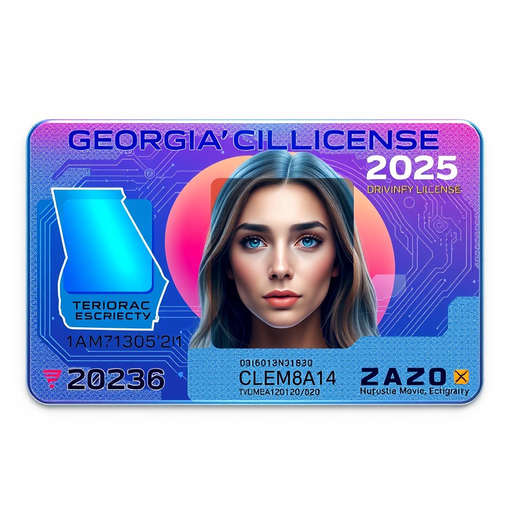 A futuristic Georgia 2025 driver's license design featuring an updated layout, with holographic elements, vibrant colors, and modern security features