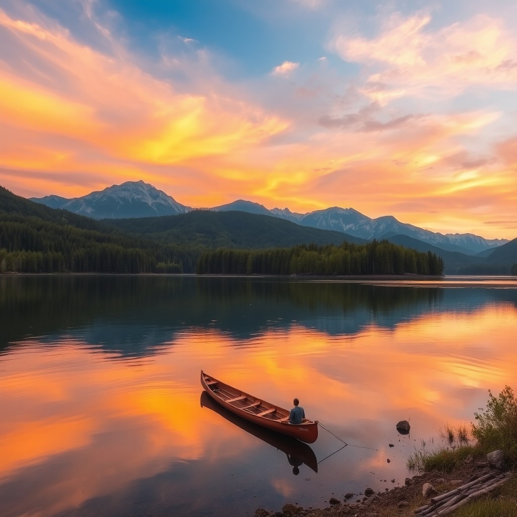 A serene landscape depicting a tranquil lake surrounded by lush green forests and majestic mountains in the background during sunset
