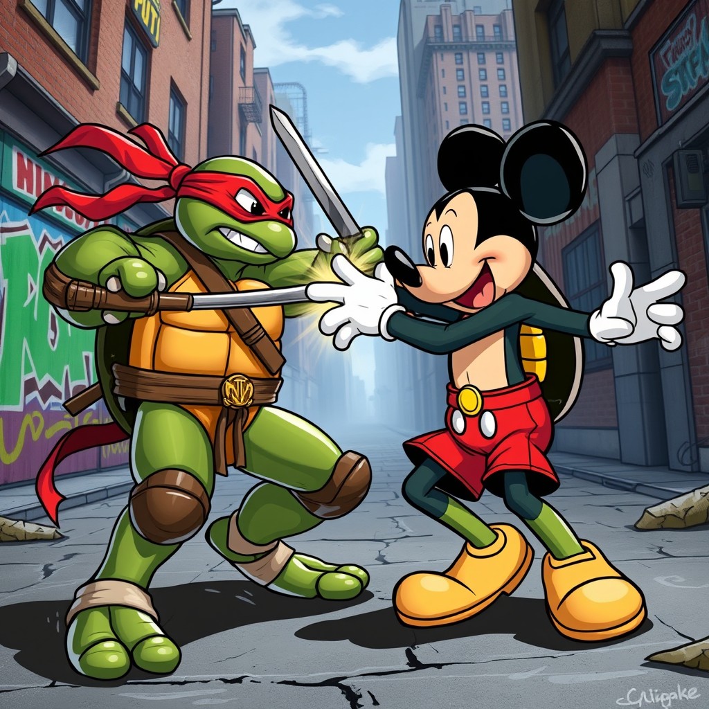 A dynamic and action-packed scene depicting a ninja turtle engaged in an epic battle with a cartoon version of Mickey Mouse