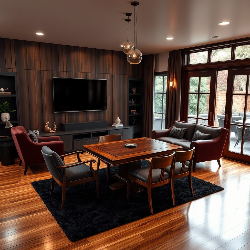 A stylish and cozy 12x20 room that masterfully combines mid-century modern and dark academia aesthetics, serving as a TV room, lounge, and office