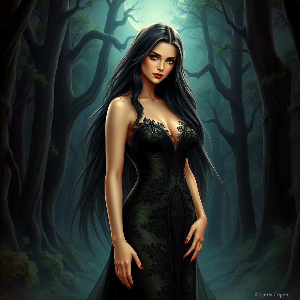A beautiful depiction of Lilith wearing an elegant black gown, standing confidently in a mystical forest