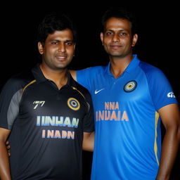 A man wearing a number 7 Indian cricket jersey standing next to Indian cricketer MS Dhoni