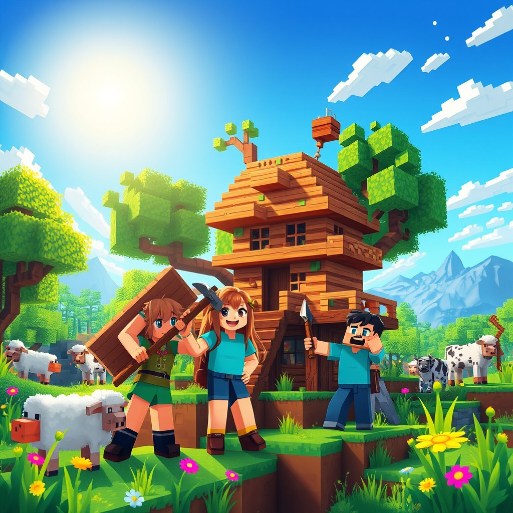 A vibrant and colorful Minecraft-inspired scene featuring two characters, Marta Kupriyanova and her friends, Denis and Vlad, exploring a lush, blocky world