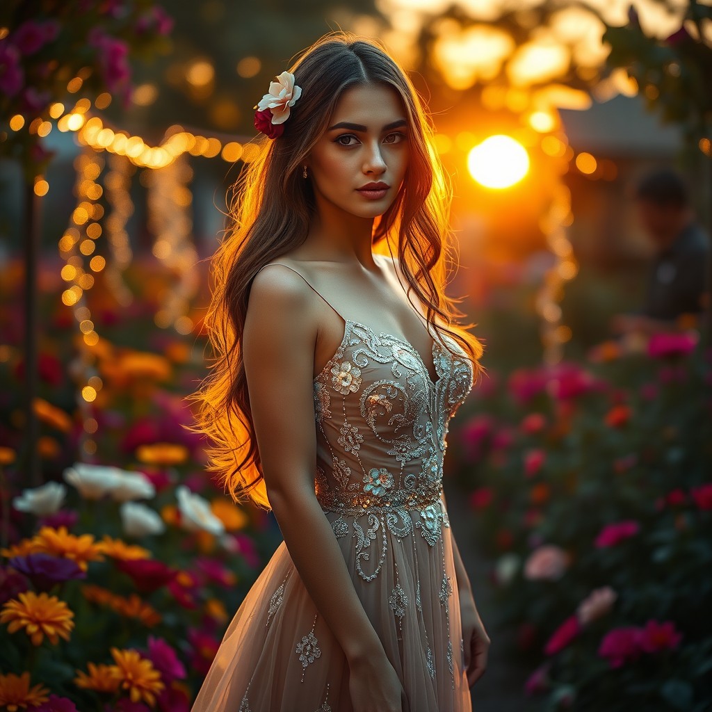 A beautiful woman in an elegant evening gown, standing gracefully in a vibrant garden filled with colorful flowers and soft, glowing fairy lights around her